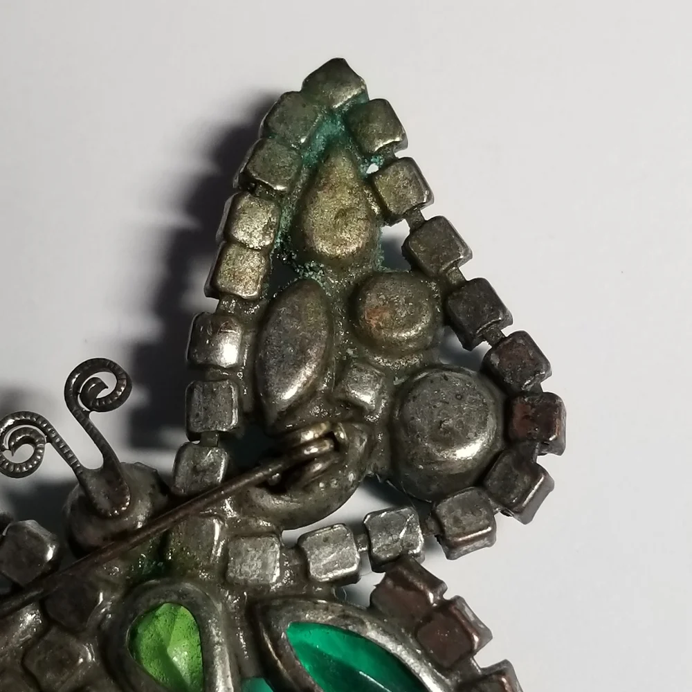 Vintage butterfly brooch green rhinestones pin moth insect bug jewelry p…